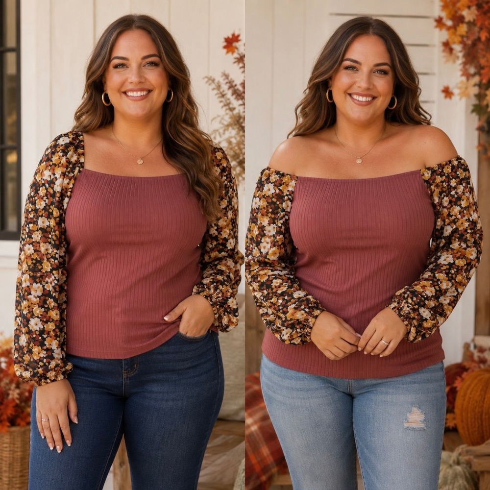 NEW Fall Vibes Ribbed Floral Bubble Sleeve Top 2X Square Neck Peasant Boho Chic